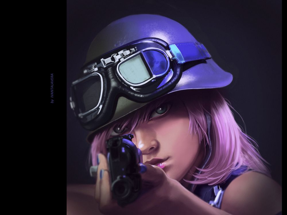 Обои для рабочего стола Девушка с розовыми волосами в каске с очками прицеливается из пистолета, by Ivantalavera