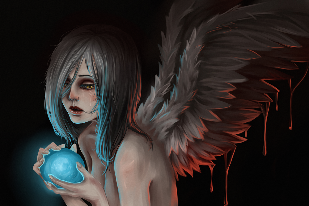 Обои для рабочего стола Обнаженная девушка ангел с голубым шаром в руках, by Nozomi-Art