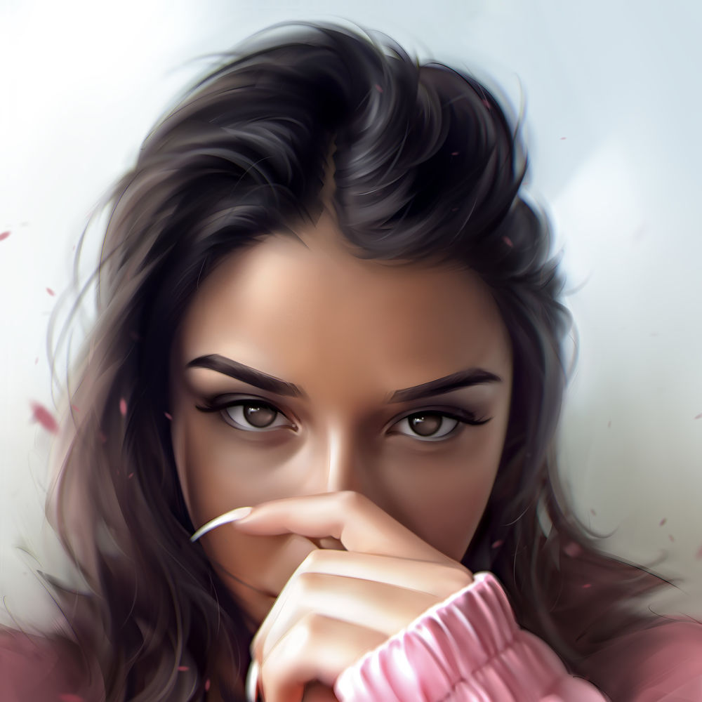 Обои для рабочего стола Девушка держит руку у лица, by Michael Corbin
