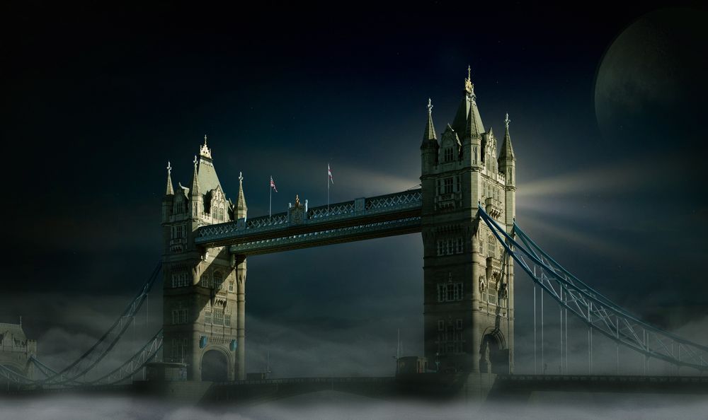 Обои для рабочего стола Tower bridge / Тауэрский мост в ночном тумане, England, London / Англия, Лондон, by Orlando