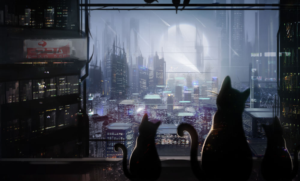 Обои для рабочего стола Три кошки наблюдают за жизнью ночного фантастического города, by Mammia