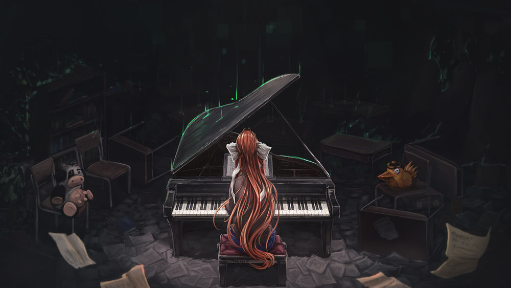 Обои для рабочего стола Monica / Моника играет на рояле из игры Doki Doki Literature Club, by TMiracle