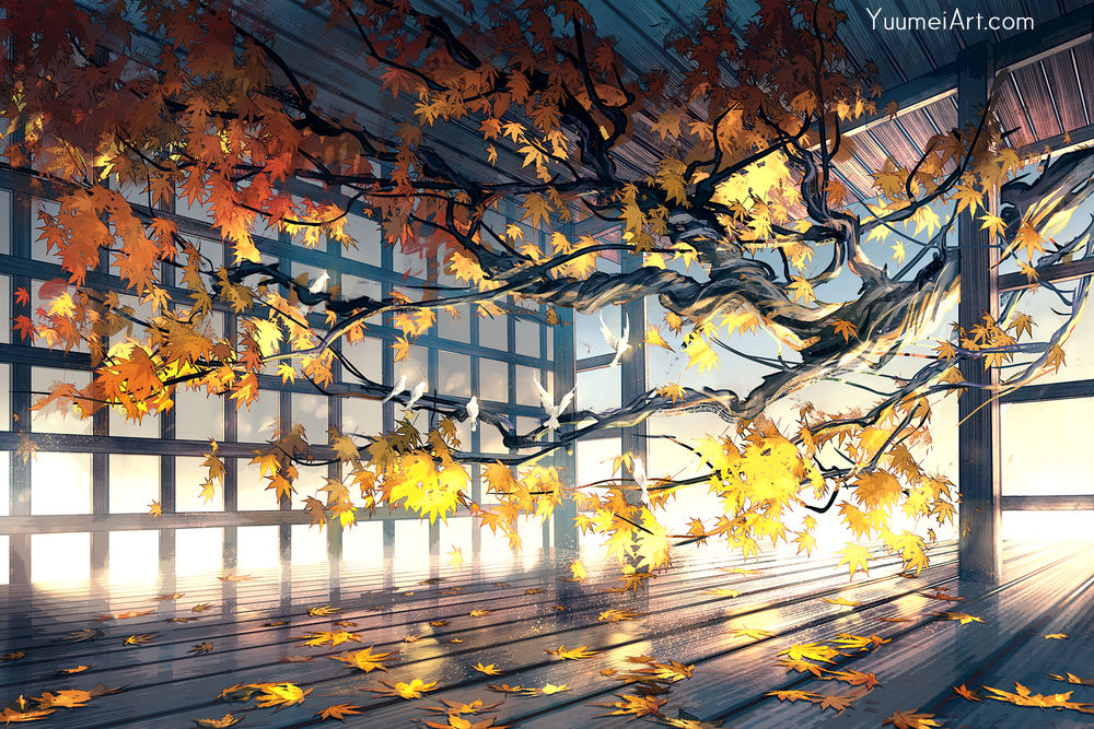 Обои для рабочего стола Белые птицы на ветках дерева, by yuumei
