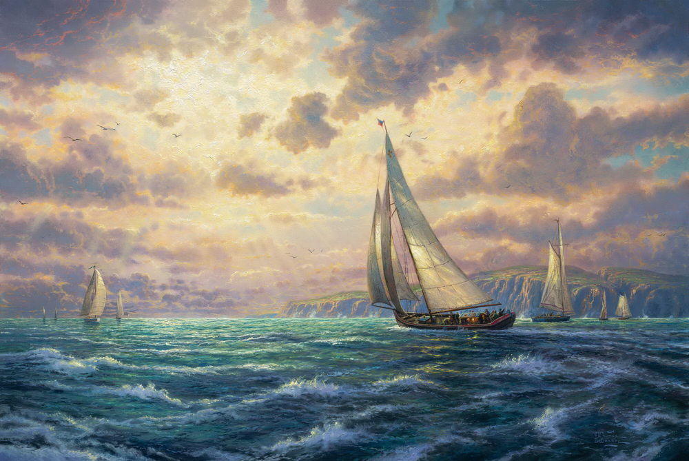 Обои для рабочего стола Корабли с парусами на море под облаками, by Thomas Kinkade