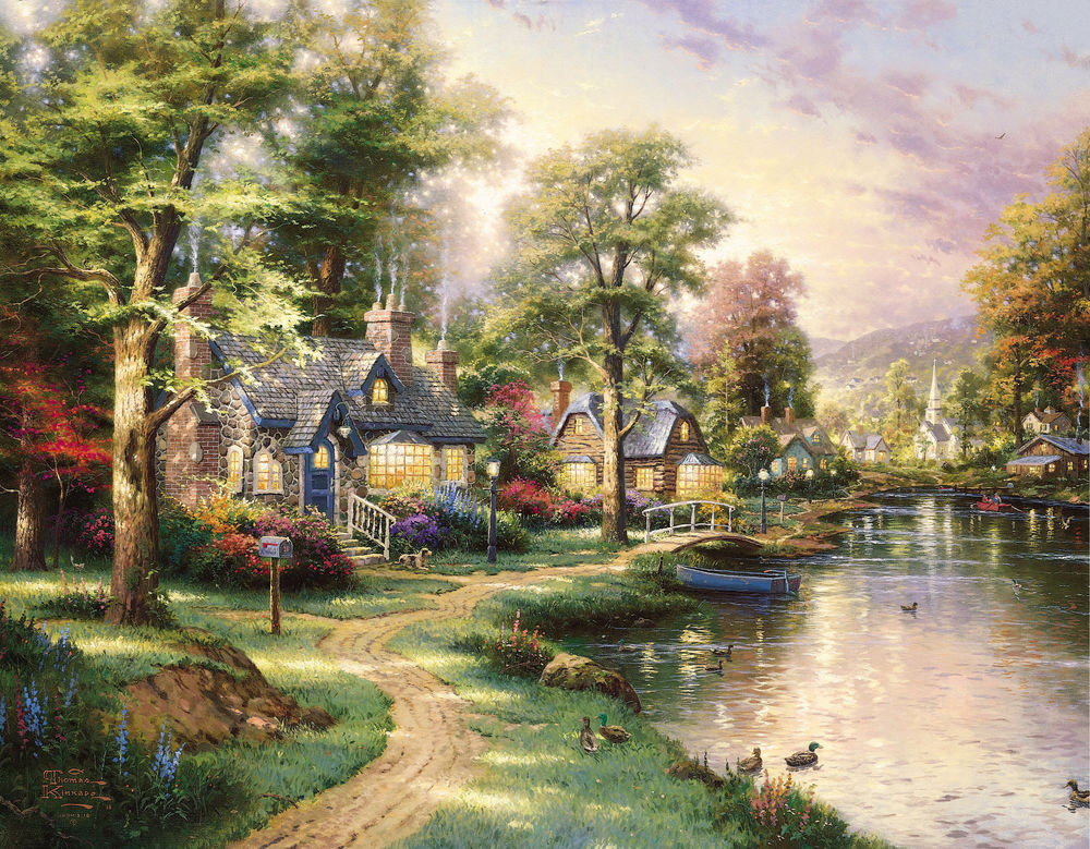 Обои для рабочего стола Домики с садами на берегу речки, by Thomas Kinkade