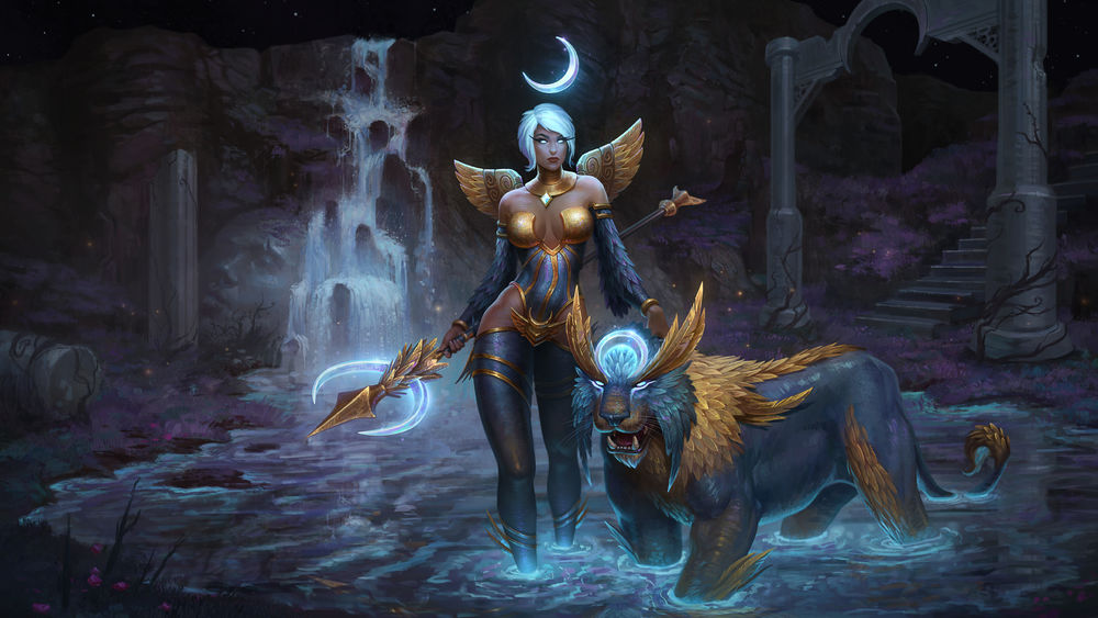 Обои для рабочего стола Богиня Луны Awilix с мистическим ягуаром, арт к игре Smite, by Andantonius