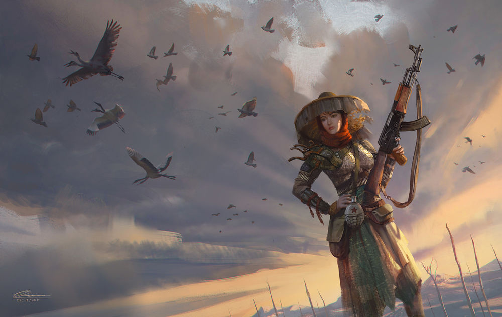 Обои для рабочего стола Девушка-воин с автоматов над небом с птицами, by wang2dog