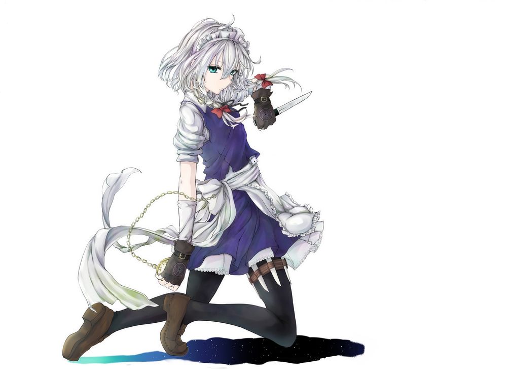 Обои для рабочего стола Sakuya Izayoi / Сакуя Изаеи стоит на коленях на белом фоне из серии компьютерных игр Тохо / Touhou Project / Проект «Восток»