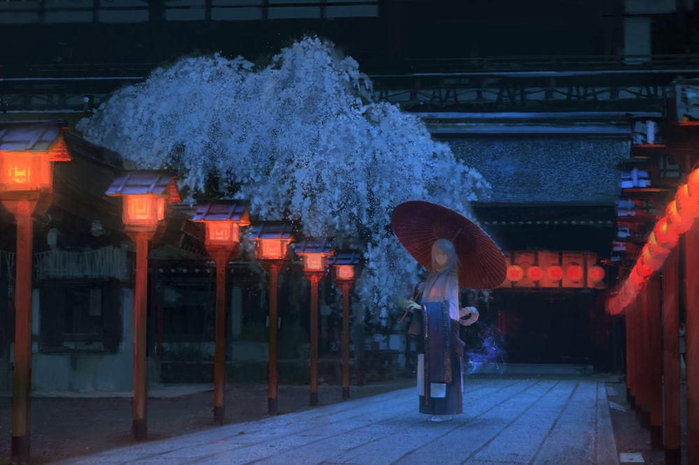 Обои для рабочего стола Девушка с зонтом стоит на аллее с фонарями и цветущей сакурой