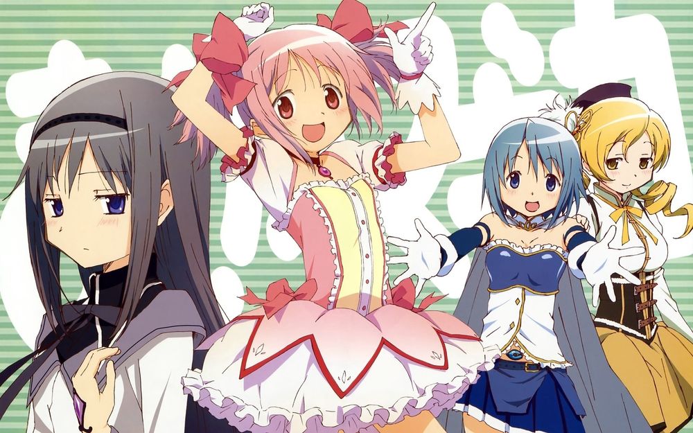 Обои для рабочего стола Мадока Канамэ / Madoka Kaname, Хомура Акэми / Homura Akemi, Tomoe Mami и Miki Sayaka из аниме Девочка-волшебница Мадока / Mahou Shoujo Madoka Magika