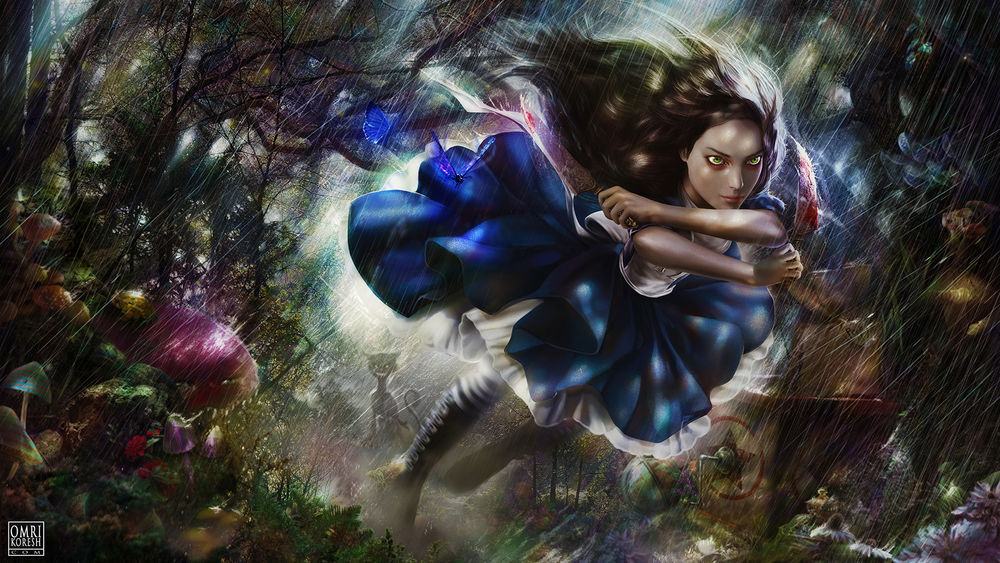 Обои для рабочего стола Алиса / Alice с окровавленными ножами бежит по лесу, персонаж игры Алиса: безумие возвращается / Alice: Madness Returns, by Omri Koresh