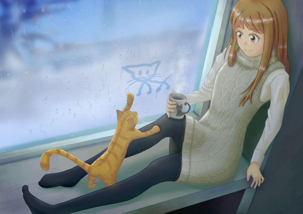 Обои для рабочего стола Девушка с кошкой на подоконнике окна, by Yuichi Ito