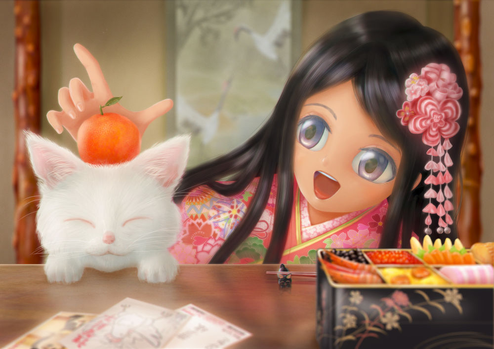 Обои для рабочего стола Девочка положила на голову кошки апельсин, by Yuichi Ito