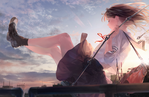 Обои на рабочий стол Девочка в школьной форме катается на качеле, by Sousou