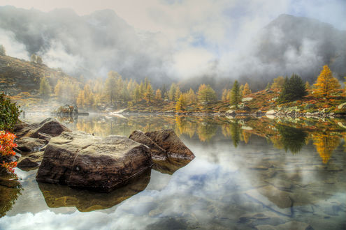 Обои на рабочий стол Озеро Mаssersee, Schweiz / Мессер, Швейцария ранним утром, by imhof patrick