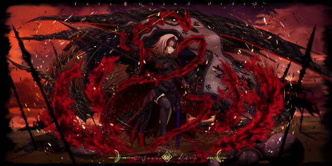 Обои на рабочий стол Jeanne dArc / Жанна дАрк / Jeanne Alter / Альтер-Жанна на поле боя, из игры Fate / Grand Order, by shin akizuki