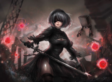 Обои на рабочий стол YoRHa №2 тип B из игры NieR: Automata, by artofkuzu