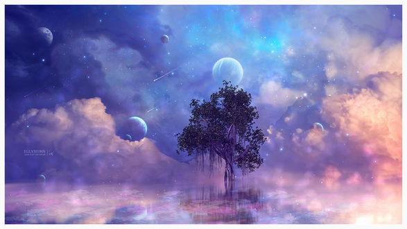 Обои на рабочий стол Дерево в воде на фоне неба с планетами, by Gene Raz von Edler