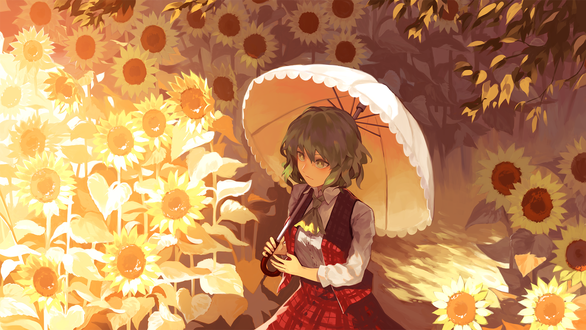 Обои на рабочий стол Kazami Yuuka / Юука Казами из игры Touhou Project / Проект Восток стоит под зонтом в подсолнухах