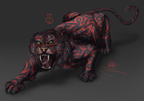 Обои на рабочий стол Тигр в красную полосу в ярости ArtStation - Red Tiger, автор Aaron Walker