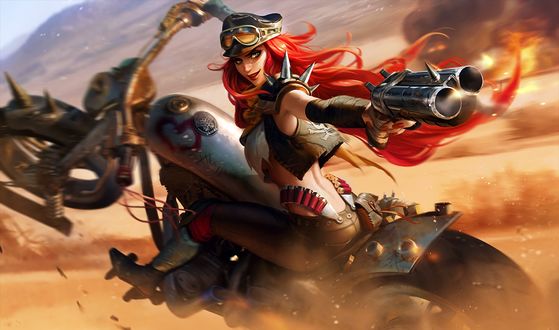 Обои на рабочий стол Miss Fortune / Мисс Фортуна из игры League of Legends / Лига Легенд уходит от погони на мотоцикле и при этом ведет ответный огонь