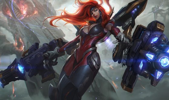 Обои на рабочий стол Miss Fortune / Мисс Фортуна из игры League of Legends / Лига Легенд с огромными пушками в руках