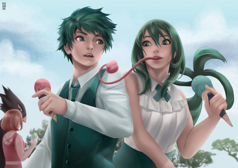 Обои на рабочий стол Izuku Midoriya / Изуку Мидория и Tsuyu Asui / Цую Асуй из аниме Boku no Hero Academia / Моя геройская академия на фоне рыжеволосой девушки и Fumikage Tokoyami / Фумикагэ Токоями, by miqdadhbl