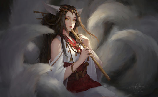 Обои на рабочий стол Девушка-кошка Gumiho / Гумихо с флейтой, by Dao Le Trong