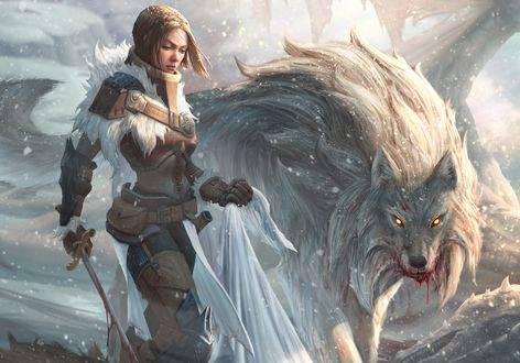 Обои на рабочий стол Arya Stark / Ария Старк с волчицей Nymeria / Нимерией, арт к сериалу Игра престолов / Game of Thrones