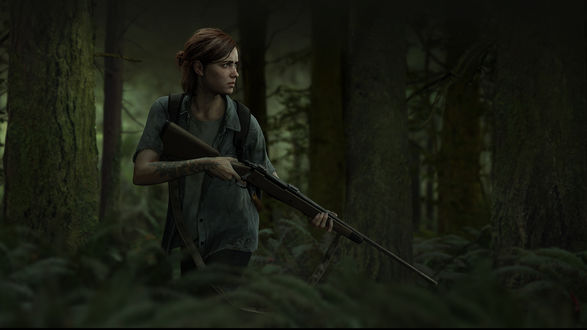 Обои на рабочий стол Ellie Williams / Элли Уилльямс с винтовкой в лесу, арт к игре The Last of Us: Part II / Последние из нас: Часть 2