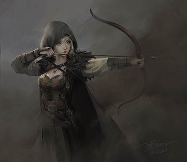 Обои на рабочий стол Девушка-Archer / Лучник стоит в тумане, by Dao Le Trong