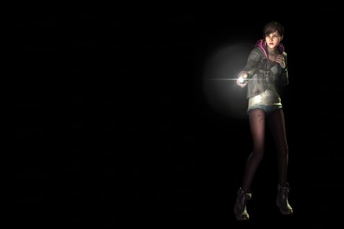 Обои на рабочий стол Мойра из игры Resident Evil Revelations 2 светит фонариком в темноте