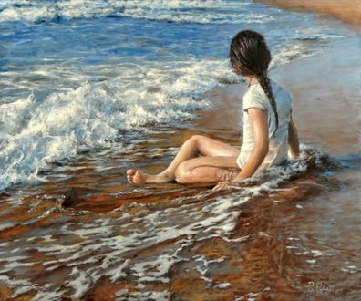 Обои на рабочий стол Девочка сидит на песке, омываемая водой, by ranonus