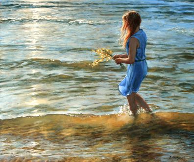 Обои на рабочий стол Девушка с цветами в руке стоит в воде, by ranonus
