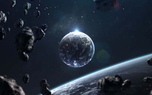 Обои на рабочий стол Планета и летящие метеориты, by Vadim Sadovski