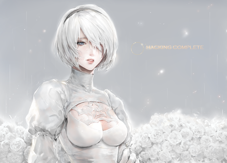 Обои на рабочий стол YoRHa No. 2 Type B на фоне белых роз, персонаж из игры NieR: Automata, by mucuzi