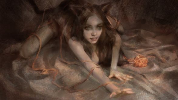 Обои на рабочий стол Девушка с ушками на голове на песке, by Dong-gun Yoon