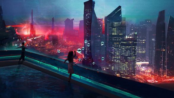 Обои на рабочий стол Девочка и мальчик стоят на крыше на фоне ночного города, by t1na