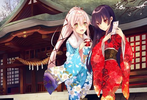 Обои на рабочий стол Admiral Hipper Azur Lane в кимоно с подругой стоят перед японским храмом из игры Kantai Collection: KanColle / Флотская коллекция