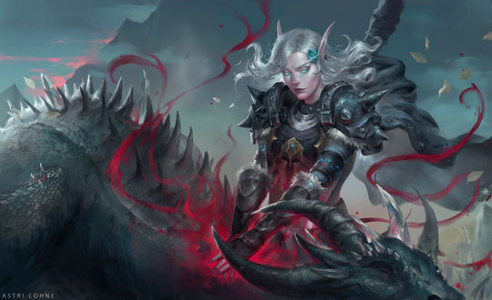 Обои на рабочий стол Эльфийка-death knight / рыцарь смерти возвращает к жизни раненного дракона, by Astri Lohne