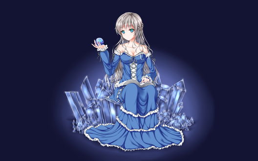 Обои на рабочий стол Эмилия / Emilia из аниме Re: Жизнь в альтернативном мире с нуля / Re: Zero kara Hajimeru Isekai Seikatsu, сидит на кристаллическом троне со сферой в руках, автор оригинала WsMan