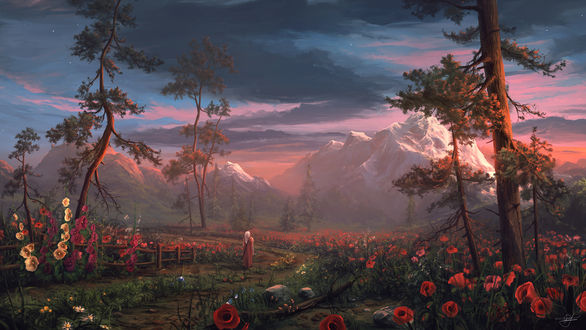 Обои на рабочий стол Девушка с мечом в Poppy Field / Маковом поле, by ReFiend