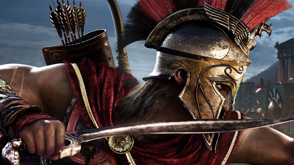 Обои на рабочий стол Спартанский наемник Алексиос в бою, арт к игре Assassin’s Creed Odyssey / Кредо Убийцы Одиссея