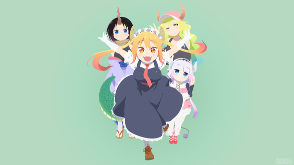 Обои на рабочий стол Elma / Эльма, Tooru / Тору, Quetzalcoatl / Кетцалькоатль и Kanna Kamui / Канна Камуи из аниме Kobayashi-san Chi no Maid Dragon / Дракон-горничная Кобаяши, by rosalyneres