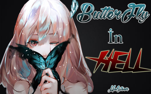 Обои на рабочий стол Девушка с кровавыми слезами с бабочкой в руке (Butterfly in hell / Бабочка в аду), by Holytoor