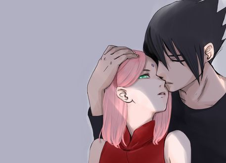 Обои на рабочий стол Uchiha Sasuke / Учиха Саске и Sakura Haruno / Сакура Харуно собираются поцеловаться из аниме Наруто / Naruto