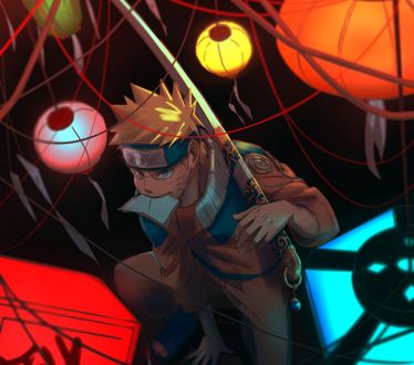 Обои на рабочий стол Uzumaki Naruto / Наруто Узумаки с катаной и запиской в зубах среди светящихся фонариков из аниме Naruto / Наруто