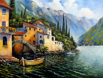 Обои на рабочий стол Nesso, Lake Como, Italy / Нессо, озеро Комо, Италия, художник Патрик Дафф