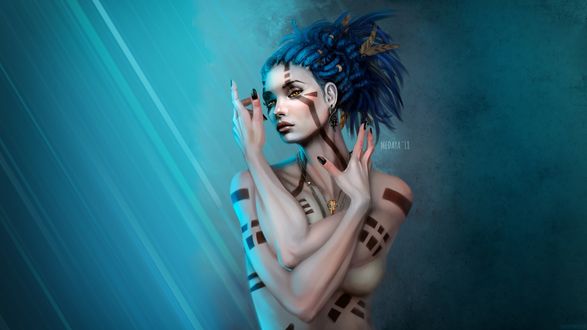 Обои на рабочий стол Девушка с синими волосами, с тату на теле, by Nastasya -Medaya