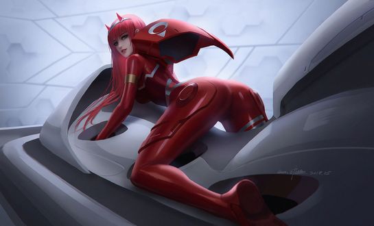 Обои на рабочий стол Zero Two / Зеро Ту из аниме Darling in the FranXX / Милый во Франкcе, by Qichao Wang
